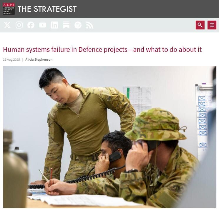 Screenshot of The Strategist showing Alicia Stephenson's article, Human systems failure in Defence projects—and what to do about it, and its Defence photograph.
