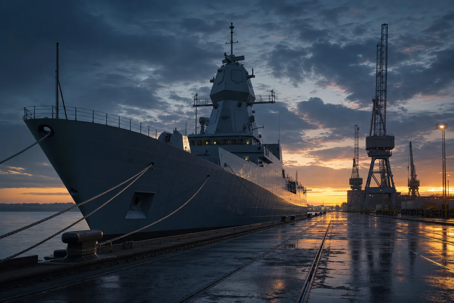 A naval vessel berthed at a defence shipyard at dawn