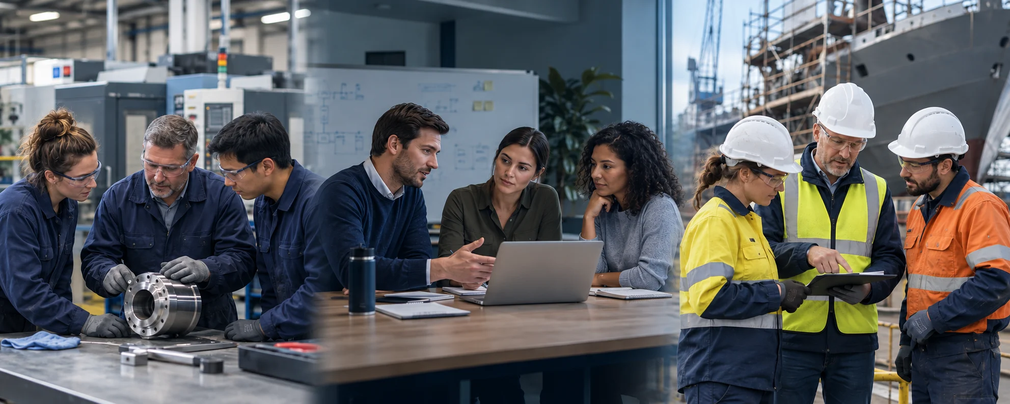 Illustrative scenes, from left to right, of people collaborating in manufacturing, an office and a shipyard